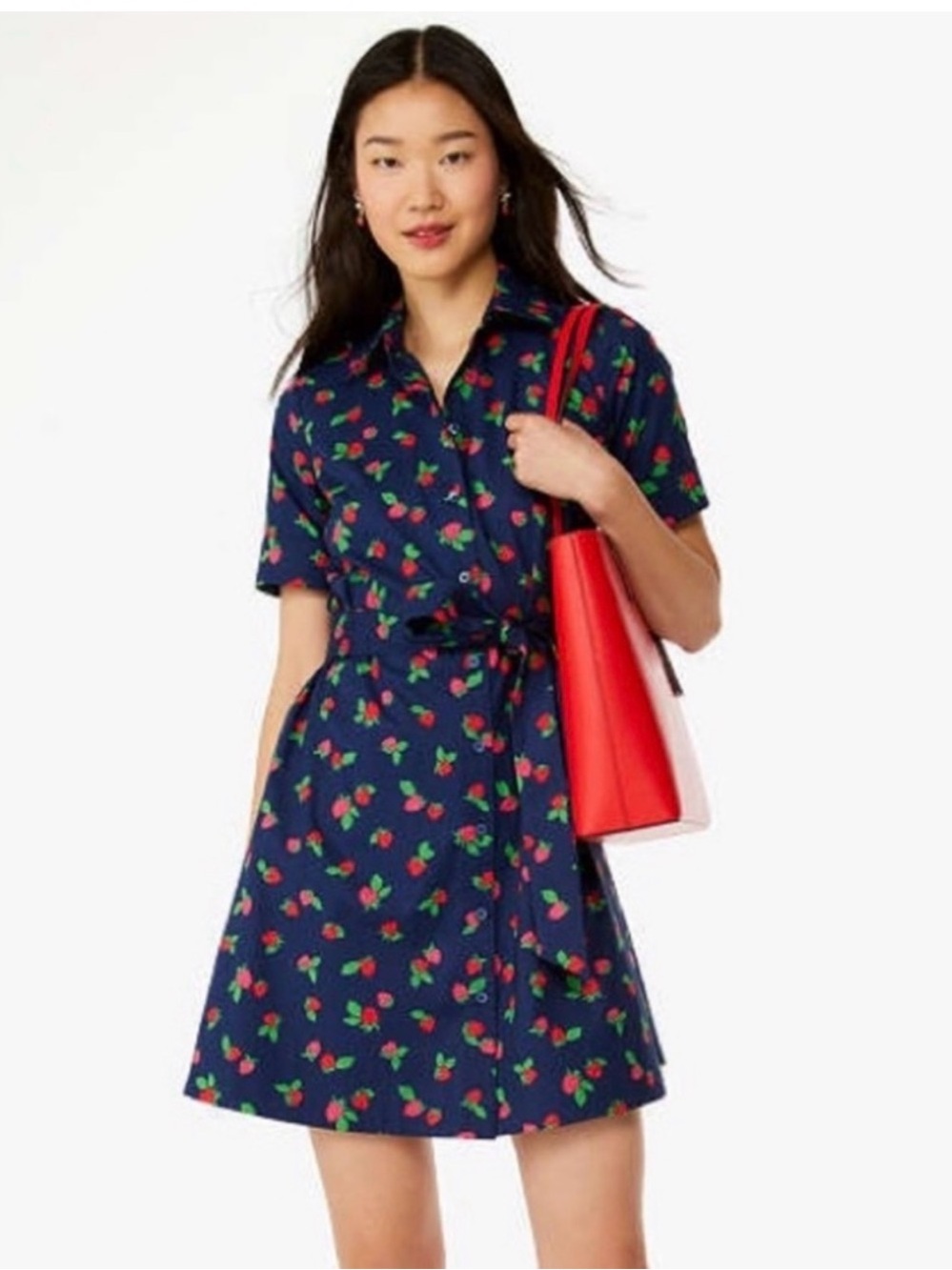 Navy Strawberry-Print Shirt Dress with Tie Waist